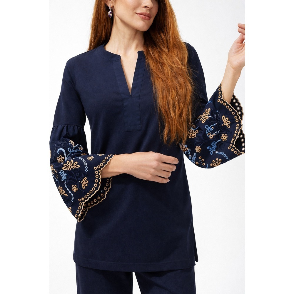 Chico's Navy Blue Embroidered Bell Sleeve Tunic Notch Neck Cotton Boho Top Large
